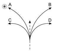 In the presence of an external magnetic field (not shown) , a proton initially traveling upward is deflected into the path labeled as A in the following figure.   What would be the expected path for an electron in the same magnetic field? A) A B) B C) C D) D
