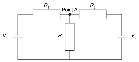 A circuit is constructed from two voltage sources (V<sub>1</sub> and V<sub>2</sub>)  and three resistors (R<sub>1</sub>, R<sub>2</sub>, and R<sub>3</sub>) .   If the potential of each voltage source is 10 V and the resistance of each resistor is 5 Ω, what is the current exiting Point A? A) 0.7 C/s B) 1.0 C/s C) 1.3 C/s D) 1.6 C/s