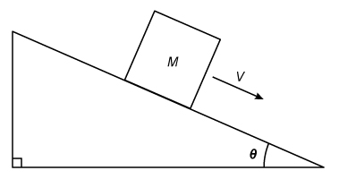 A block with mass M slides down an incline of angle θ at constant velocity v.   Which of the following expressions is equal to the magnitude of frictional force between the block and the incline? (Note:  The acceleration of gravity g = 10 m/s<sup>2</sup>.)  A) M∙g∙sin θ B) M∙g∙cos θ C) M∙g / sin θ D) M∙g / cos θ