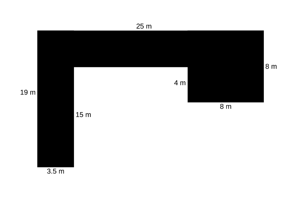 What is the area of the following shape?   A) 197 m<sup>2</sup> B) 184.5 m<sup>2</sup> C) 180 m<sup>2</sup> D) 201.5 m<sup>2</sup>
