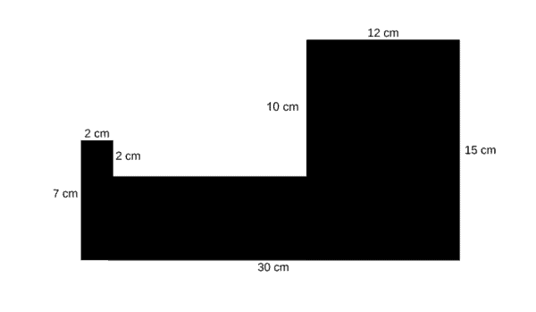 What is the area of the following shape?   A) 274 cm<sup>2</sup> B) 312 cm<sup>2</sup> C) 334 cm<sup>2</sup> D) 298 cm<sup>2</sup>