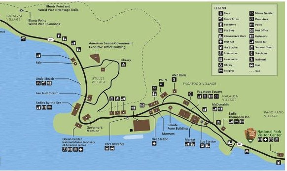 Use the map below to answer the question.   Where might a visitor go to get information about the National Marine Sanctuary of American Samoa? A) Utelei Beach B) Fagotogo Square C) Governor's Mansion D) Ocean Center