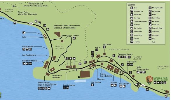 Use the map below to answer the question.   Where can a traveler find a hotel room for the night?   A) Fagatogo Square B) Governor's Mansion C) Gataivai Village D) Sadies by the Sea