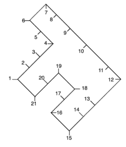 A line can be drawn which divides the following figure into two separate parts. These two parts could then fit together to make a square. Which two numbers would you connect to make this line? (Enter your answer with the two numbers you selected separated by a dash, e.g.  n-n )   