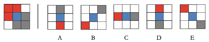 Which THREE choices are needed to create the figure on the left? Only pieces of the same color may overlap.   A) C B) B C) D D) A E) E