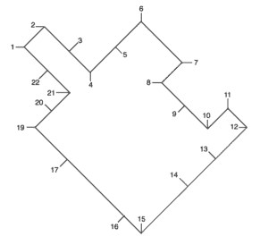 A line can be drawn which divides the following figure into two separate parts. These two parts could then fit together to make a square. Which two numbers would you connect to make this line? (Enter your answer with the two numbers you selected separated by a dash, e.g.  n-n )   