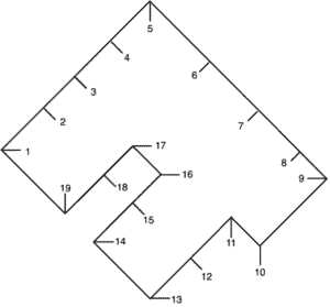 A line can be drawn which divides the following figure into two separate parts. These two parts could then fit together to make a square. Which two numbers would you connect to make this line? (Enter your answer with the two numbers you selected separated by a dash, e.g.  n-n )   