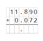 11.962 Step&nbsp;1:&nbsp;Set up long addition. Make sure to stack the decimals. We add a trailing 0 after the decimal in 11.89 as a placeholder.   Step&nbsp;2:&nbsp;Calculate 0 + 2.   Step&nbsp;3:&nbsp;Calculate 9 + 7. Since 16 is two digits, we carry the first digit (1) to the next column.   Step&nbsp;4:&nbsp;Calculate 8 + 0. Now add the carry digit. 8 + 1 = 9.   Step&nbsp;5:&nbsp;Calculate 1 + 0.   Step&nbsp;6:&nbsp;Calculate 1 + 0.  