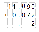 11.962 Step&nbsp;1:&nbsp;Set up long addition. Make sure to stack the decimals. We add a trailing 0 after the decimal in 11.89 as a placeholder.   Step&nbsp;2:&nbsp;Calculate 0 + 2.   Step&nbsp;3:&nbsp;Calculate 9 + 7. Since 16 is two digits, we carry the first digit (1) to the next column.   Step&nbsp;4:&nbsp;Calculate 8 + 0. Now add the carry digit. 8 + 1 = 9.   Step&nbsp;5:&nbsp;Calculate 1 + 0.   Step&nbsp;6:&nbsp;Calculate 1 + 0.  