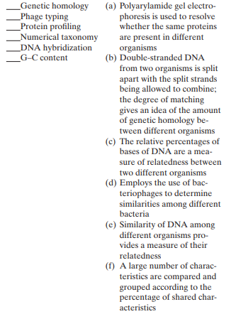 Because prokaryotes have few morphological characteris tics and as a group have a sparse fossil record, they are diffi cult to group in terms of evolutionary relationships. Match the special contemporary methods used today that help determine evolutionary relationships to their descriptions:   