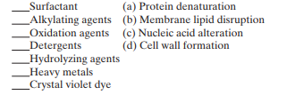 Match the following chemical agents to their mechanism of action in damaging microbial cell components:   
