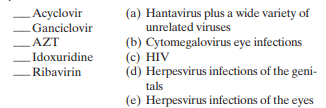 Match the following antiviral drugs and the viral infections they are used to treat:   