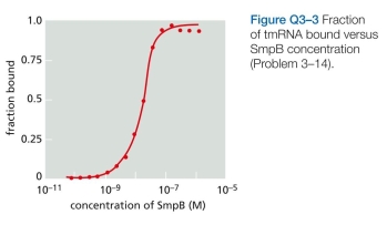 The protein SmpB binds to a special species of tRNA, tmRNA, to eliminate the incomplete proteins made from truncated mRNAs in bacteri a. If the binding of SmpB to tmRNA is plotted as fraction tmRNA bound versus SmpB concentration, one obtains a symmetrical S-shaped curve as shown in Figure Q3-3. This curve is a visual display of a very useful relationship between   and concentration, which has broad applicability. The general expression for fraction of ligand bound is derived from the equation for   by substituting   for [Pr-L] and rearranging. Because the total concentration of ligand   is equal to the free ligand ([L]) plus bound ligand ([Pr-L]),     For SmpB and tmRNA, the fraction bound =     Using this relationshipProblems p3.28/3.24, calculate the fraction of tmRNA bound for SmpB concentrations equal to    