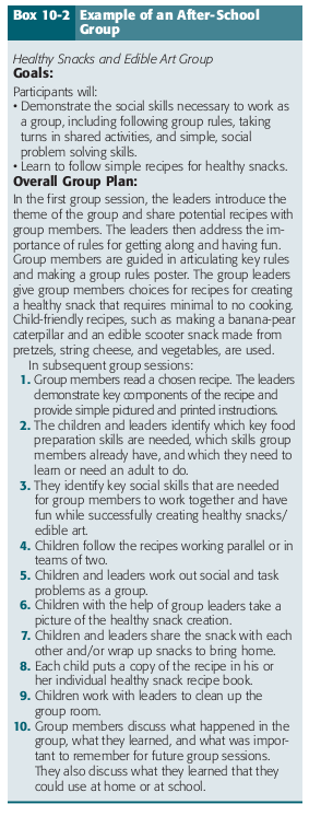 Sean and Serena Sean is a 9-year-old boy in the third grade who was recently discharged from a residential facility for children with serious emotional disturbances. He previously has been diagnosed with Attention Deficit Disorder and Oppositional Defiant Disorder. He has experienced a number of childhood adversities. His parents divorced when he was a toddler. His mother suffered from postpartum depression after his birth and attempted suicide. She was briefly hospitalized after his birth. After Sean's parents divorced, he and his mother moved into a shelter and received public assistance until she moved in with a new boyfriend when he was 3 years old. Sean was placed in the care of his maternal grandparents when he was 4 years old due to physical abuse by his mother's boyfriend. He returned to his mother's care 1 year later after she completed court mandated parenting classes and psychiatric counseling. Sean was placed in a special education class at the start of kindergarten and was diagnosed with ADHD.  In second grade, Oppositional Defiant Disorder was added to his diagnoses. When Sean was 8 years old, he was again removed from his mother's care due to physical abuse on the part of his mother. After being placed in foster care for 1 month, he threatened to commit suicide by jumping off the roof of his foster home. He was then hospitalized for 3 months and subsequently was placed with his foster family again. He attends school and after-school care and receives intensive individual and family counseling four times per week with his social worker and foster care counselor. Sean's therapy team coordinates their schedules so that two of the days of the week they are able to provide his interventions at the ASP site and coordinate interventions with the ASP staff. The occupational therapist is the member of Sean's team, whose role is to coordinate services. Sean presents as distractible and disorganized with loose, illogical thinking. He is argumentative, disrespectful, defiant, and non-compliant with adult caregivers. He is easily provoked to verbally and physically attacking peers. His psychological testing indicates that his intelligence falls in the low end of average, but his performance suggests that his mental health issues may have limited his IQ score, and he may have high average intelligence.  Serena is a 7-year-old African American girl who attends the second grade at the same school that Sean attends and participates in the ASP that is offered at their elementary school. Serena lives with her mother in a one-bedroom apartment close to her elementary school. Ms. Smith, Serena's mother, had a long-term relationship with Serena's father Mr. Murphy, but never married him. She terminated the relationship 2 years ago after experiencing verbal and physical abuse for many years. Mr. Murphy lives in the neighborhood but rarely sees Serena. He works intermittently and is known to have a drug and alcohol problem. Ms. Smith works as a waitress in a local coffee shop.  Serena's teacher describes her as often impulsive and inattentive in class. Serena enjoys group activities and seeks out friendship, but she tends to get into difficulty with her peers. She has difficulty waiting her turn and grabs materials from peers when she wants them. When she gets frustrated during group activities on the playground, she frequently becomes verbally aggressive with peers and storms away from her peer group.  As part of fieldwork education experiences embedded with their academic education, graduate occupational therapy students from one occupational therapy program provide a series of occupation-based groups for the ASP that Serena and Sean attend. The ASP director assigned Serena to two occupation-based groups: Healthy Snacks and Edible Art, and Girls' Friendship and Crafts group. See Box 10-2 for the Healthy Snacks and Edible Art Group Protocol; see Box 10-3 for the Girls' Friendship and Crafts Group Protocol. Serena enthusiastically participated in both groups with six female peers over the course of the school year. Serena initially became embroiled in verbal altercations with a few of her fellow group members over small differences, such as position in line prior to group or taking turns in activities. Group rules were developed, displayed, and reviewed at each group session. For the first four sessions of each group, Serena and a few of her peers received at least one time-out because of a verbal altercation between two girls. To help group members to learn to consciously manage their impulsivity in social interactions, a behavior self-rating form was created and used in both occupation-based groups (Table 10-2). Each group member filled out an individual form at the end of each group session. The group leaders then facilitated a discussion about the girls' overall cooperation with each other. As the girls became accustomed to the rating form, the leaders also encouraged the girls to positively reinforce one another as the girls demonstrated the positive behaviors addressed in the form. Over the course of 2 months of group participation, Serena was successful in participating in most group activities and was able to resolve disagreements with fellow group members within the structure of the group. Serena's teacher also reported that Serena was developing more positive peer interactions within class, especially with her fellow group members. Sean participated in the occupation-based cooking group where he could learn to bake a variety of desserts while also learning to collaborate and negotiate with a small group of peers. Although Sean is often distracted during other activities, following recipes that are task specific has improved his ability to focus his attention. He seems proud of his culinary efforts. In what ways might the occupational therapist collaborate with the special education teacher, other teachers, family members, and parents to address Sean and Serena's academic problems? What behavioral suggestions can you make to the occupational therapy students who will work with Sean and Serena in the ASP?           