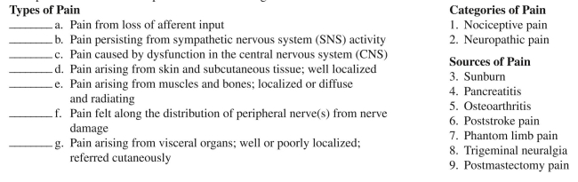 Match the following types of pain in the left column with a category of pain from the upper right column and an example of the source of the pain from the lower right column - 