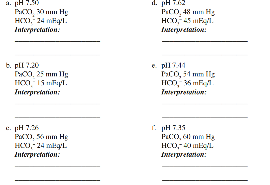 Identify the acid-base imbalances represented by the following laboratory values.  