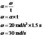 To solve this problem, first convert the given angular acceleration (? = 20 rad/s 2 ) into an angular velocity (?). Remember that the relationships between angular kinematic quantities and linear kinematic quantities are the same, so angular acceleration is just angular velocity over time (t):   So the angular velocity is 30 rad/s. Next, use the equation relating angular and linear velocity,v = r?, where v is linear velocity, r is the radius of rotation (0.75 m), and ? is the angular velocity, to find what the linear velocity of the stone is after it leaves the sling:   So, after leaving the sling, David's stone will travel toward Goliath with a linear velocity of 22.5 m/s.