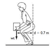 A worker leans over and picks up a 90 N box at a distance of 0.7 m from the axis of rotation in her spine. Neglecting the effect of body weight, how much added force is required of the low back muscles with an average moment arm of 6 cm to stabilize the box in the position shown?    