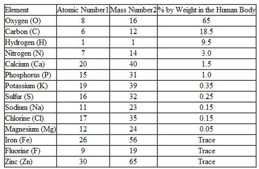 Based on Table how many neutrons are there in oxygen? In hydrogen? In nitrogen? TABLE Common Elements in Living Organisms   1 Atomic number: number of protons in the atomic nucleus. 2 Mass number: total number of protons and neutrons.