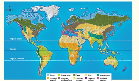Habitats and life zones are described by researchers based on the living and nonliving characteristics found there. We learned that patterns of environmental conditions such as rainfall and temperature play a major role in the distribution of life. Use Figure 1 as a starting point to help you catalog the characteristics of the habitat and life zone where you live. Using the climograph in Figure 2 , characterize the range of average temperatures and rainfall found in your life zone. Using Figure 1 , if you were to travel straight north from your home, what life zones would you pass through on a direct line to the north pole? Figure 1 Terrestrial life zones.      Figure 2 Climograph.    