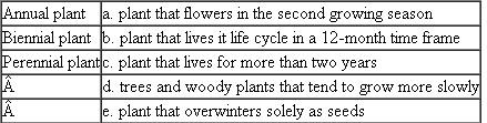 Match each of the following plant life histories with its description or example. Each term on the left may match more than one description on the right.