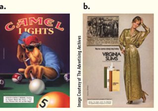 Closely examine the ads shown in Figure. What social messages does each of these ads send to the consumer? What gender and age-group audience does each ad target? Do you think that these ads accurately portray the social effects of smoking? Figure Tobacco advertisements. (a) Joe Camel, a popular ad in the 1980s. (b) An ad targeting women.