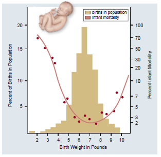 What would happen to average birth weight if over the next several years advances in medical technology reduced infant mortality rates of large babies to equal that for intermediate-sized babies (see the following figure, red line). Assume that differences in birth weight have a genetic basis. A) Over time, average birth weight would only increase. B) Over time, average birth weight would only decrease. C) Both a and b. D) None of the above.  
