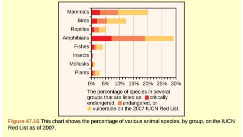 <strong>Figure 47.16 Which of the following statements is not supported by this graph?</strong> A) There are more vulnerable fishes than critically endangered and endangered fishes combined. B) There are more critically endangered amphibians than vulnerable, endangered and critically endangered reptiles combined. C) Within each group, there are more critically endangered species than vulnerable species. D) A greater percentage of bird species are critically endangered than mollusk species.