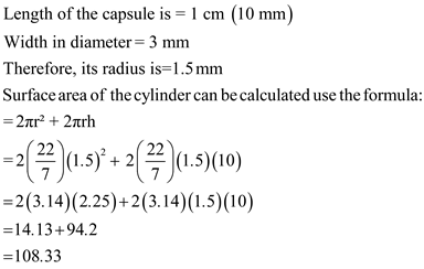 Capsules are used to administrate drugs, they act as containers. When a capsule breaks down in the intestine, they release drug particles thus allows rapid dissolution of the drug. a) Surface to volume ratio of the capsule can be calculated from the given information as follows:       Surface area to volume ratio of the capsule is:   b) The number of capsules with the diameter of 0.4 mm fit into one capsule can be determined by the below calculation:     So,   of particles fit into one capsule c) The total surface area of the particles within the capsule can be calculated by using the below formula:    