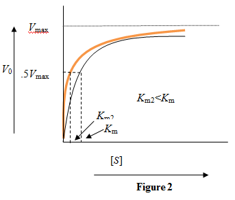 THE MICHAELIS-MENTEN EQUATION The Michaelis-Menten equation is used to study enzyme kinetics. Michaelis-Menten equation is given by   Here   is the velocity of the chemical reaction,   denotes the concentration of the substrate,   is the saturation reaction rate and   is Michaelis-Menten constant which is related to the binding affinity of the substrate to the enzyme.   Figure 1: Reaction velocity versus substrate concentration for a particular enzyme-substrate pair a) The binding affinity of a substrate with an enzyme is measured in terms of   It equals the substrate concentration when the reaction velocity is half the saturation reaction velocity. A lower value of   indicates a higher binding affinity. So, for two substrates binding to the same enzyme, the curve will be steeper for the substrate with higher binding affinity.   Figure 2: Reaction velocity versus substrate concentration for two substrates with a given enzyme. The orange color curve is for the substrate with higher binding affinity. While the Michaelis-Menten constant gets reduced due to higher binding affinity, the saturation velocity, which depends on the enzyme concentration, remains the same. b) The maximum reaction rate depends directly on the amount of enzyme. Doubling the enzyme concentration will double the maximum reaction velocity.   Figure 3: Kinetic curve with doubled concentration of enzyme. The curve in red shows the kinetic curve when the enzyme concentration was not doubled. Doubling the enzyme concentration doubles the maximum reaction velocity while the   value remains unaffected.