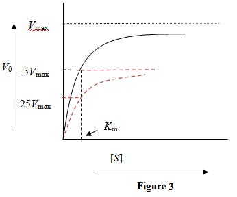 THE MICHAELIS-MENTEN EQUATION The Michaelis-Menten equation is used to study enzyme kinetics. Michaelis-Menten equation is given by   Here   is the velocity of the chemical reaction,   denotes the concentration of the substrate,   is the saturation reaction rate and   is Michaelis-Menten constant which is related to the binding affinity of the substrate to the enzyme.   Figure 1: Reaction velocity versus substrate concentration for a particular enzyme-substrate pair a) The binding affinity of a substrate with an enzyme is measured in terms of   It equals the substrate concentration when the reaction velocity is half the saturation reaction velocity. A lower value of   indicates a higher binding affinity. So, for two substrates binding to the same enzyme, the curve will be steeper for the substrate with higher binding affinity.   Figure 2: Reaction velocity versus substrate concentration for two substrates with a given enzyme. The orange color curve is for the substrate with higher binding affinity. While the Michaelis-Menten constant gets reduced due to higher binding affinity, the saturation velocity, which depends on the enzyme concentration, remains the same. b) The maximum reaction rate depends directly on the amount of enzyme. Doubling the enzyme concentration will double the maximum reaction velocity.   Figure 3: Kinetic curve with doubled concentration of enzyme. The curve in red shows the kinetic curve when the enzyme concentration was not doubled. Doubling the enzyme concentration doubles the maximum reaction velocity while the   value remains unaffected.