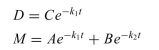 Develop a better model for ingestion of a tracer, which includes two separate systems: one system representing the intestines (call it compartment 1) and another system representing the rest of the body (compartment 2). a. Draw a block diagram showing the two systems with arrows connecting the inputs and outputs in appropriate ways. b. Write a differential equation for the mass balance of tracer in each open system. c. Show that the two equations are satisﬁed by functions of the form:   where M is the amount of tracer in compartment 2 as a function of time, D is the amount of tracer in compartment 1 as a function of time, and A, B, and C are constants.