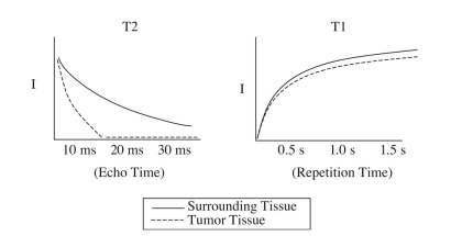 A radiologist has asked for your help determining whether a tumor in his patient has increased in size. He has had difﬁculty because the relative intensity of the tumor tissue and surrounding tissue are nearly the same; however, he does know the T1 and T2 relaxation rates of both tissue types. From this information, you plot the relaxation curves shown.    a. Which (if any or both) of the two plots is useful and why? b. To what would you set the echo or repetition time to maximize contrast (approximately)?