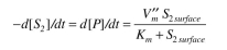 Two enzymes are both immobilized on the same flat, nonporous surface. For enzyme A the sub- strate is S₁. For enzyme B the substrate is S₂. The product of the first reaction is S₂. That is:    a. Figure 3.P1 depicts the rate of the first reaction on the surface as a function of local con- centrations of S₁. If the bulk concentration of S₁ is 100 mg/l and the mass transfer coeffi- cient is    cm/s, what is the rate of consumption of S₁ for a    surface? What is the surface concentration of S₁?  b. The rate of the second reaction is:         where    The bulk concentra- tion of    is maintained as 5 mg/l and the mass transfer coefficient is the same for     and S₂. Calculate    and the rate of formation of P (assuming all stoichiometric coeffi- cients are one).