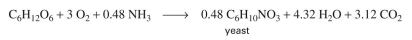 The growth of baker's yeast (S. cerevisiae) on glucose may be simply described by the fol- lowing equation:   In a batch reactor of volume   l, the final desired yeast concentration is 50 gdw/l. Using the above reaction stoichiometry:  a. Determine the concentration and total amount of glucose and (NH₄)2SO₄ in the nutrient medium. b. Determine the yield coefficients    (biomass/glucose) and    (biomass/oxygen).  c. Determine the total amount of oxygen required. d. If the rate of growth at exponential phase is    gdw/l-h, determine the rate of oxygen consumption     e. Calculate the heat-removal requirements for the reactor (recall eq. 6.26).