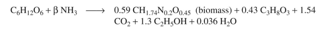 The growth of S. cerevisiae on glucose under anaerobic conditions can be described by the following overall reaction:    a. Determine the biomass yield coefficient     b. Determine the product yield coefficients     c. Determine the coefficient   