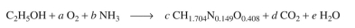 Aerobic growth of S. cerevisiae on ethanol is simply described by the following overall reaction:    a. Determine the coefficients a, b, c, and d, where RQ = 0.66. b. Determine the biomass yield coefficient,    and oxygen yield coefficient,       