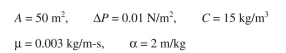Biomass present in a fermentation broth is to be separated by vacuum filtration. Filter and broth characteristics are given below. a. If rate of filtration has a constant value of dV/dt = 50 l/min, determine the cake and filter resistances at t = 30 min. b. Determine the filter surface area (A) required to filter 5000 l broth within 60 min with the same pressure drop across the filter.