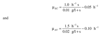 A batch fermenter receives 1 l of medium with 5 g/l of glucose, which is the growth-rate- limiting nutrient for a mixed population of two bacteria (a strain of E. coli and Azotobacter vinelandii). A. vinelandii is five times larger than E. coli. The replication rates for the two or- ganisms are:   The yield coefficients are:   The inoculum for the fermenter is 0.03 g dw/l of E. coli   and 0.15 g dw/l of A. vinelandii   cells/ml). What will be the ratio of A. vinelandii to E. coli at the time when all of the glucose is consumed? Example 16.1. Competition of two species for the same growth-rate-limiting substrate is common. Deter- mine when the two organisms may stably coexist if both A and B follow Monod kinetics.<div style=padding-top: 35px> 