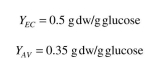 A batch fermenter receives 1 l of medium with 5 g/l of glucose, which is the growth-rate- limiting nutrient for a mixed population of two bacteria (a strain of E. coli and Azotobacter vinelandii). A. vinelandii is five times larger than E. coli. The replication rates for the two or- ganisms are:   The yield coefficients are:   The inoculum for the fermenter is 0.03 g dw/l of E. coli   and 0.15 g dw/l of A. vinelandii   cells/ml). What will be the ratio of A. vinelandii to E. coli at the time when all of the glucose is consumed? Example 16.1. Competition of two species for the same growth-rate-limiting substrate is common. Deter- mine when the two organisms may stably coexist if both A and B follow Monod kinetics.<div style=padding-top: 35px> 