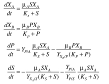 Organism A grows on substrate S and produces product P, which is the only substrate that or- ganism B can utilize. The batch kinetics are   Assume the following parameter values:   Determine the behavior of these two organisms in a chemostat. Plot S, P,   versus dilution rate. Discuss what happens to organism B as the dilution rate approaches the washout dilution rate for organism A. (Courtesy of L. Erickson, from Collected Coursework Prob- lems in Biochemical Engineering, compiled by H. W. Blanch for 1977 Am. Soc. Eng. Educ. Summer School.)