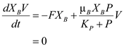 Steady state material balances for a Chemostat with 2 Organisms and Commensalism   ……(1)   …… (2)   ……(3)   …… (4) Solving equation (1) for D ( F/V ) as a function of S   …… (5) Solving equation (2) for P as a function of S and D   …… (6)   …… (7) Solving equation (3) for   as a function of S , D and P     …… (8) Solving equation (4) for   as a function of S , D , P and         …… (9) Choose S and use equation (5) to compute D , equation (7) to compute P , equation (8) to compute   , and equation (9) to compute       Since organism B relies on organism A to produce its substrate, P, washout of organism A, and thus the cessation of P production, results in washout of organism B as well. In examining equation (8) notice the direct dependence of   on  