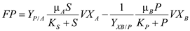 Steady state material balances for a Chemostat with 2 Organisms and Commensalism   ……(1)   …… (2)   ……(3)   …… (4) Solving equation (1) for D ( F/V ) as a function of S   …… (5) Solving equation (2) for P as a function of S and D   …… (6)   …… (7) Solving equation (3) for   as a function of S , D and P     …… (8) Solving equation (4) for   as a function of S , D , P and         …… (9) Choose S and use equation (5) to compute D , equation (7) to compute P , equation (8) to compute   , and equation (9) to compute       Since organism B relies on organism A to produce its substrate, P, washout of organism A, and thus the cessation of P production, results in washout of organism B as well. In examining equation (8) notice the direct dependence of   on  