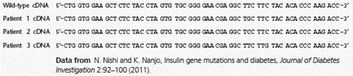Are insulin mutations the cause of three infants' neonatal diabetes  Insulin is a hormone that acts as a key regulator of blood glucose level. In some cases of neonatal diabetes, the gene coding for the insulin protein has a nucleotide-pair substitution mutation that alters the protein structure enough to cause it to malfunction. How can you identify a nucleotide-pair substitution and determine its effect on the amino acid sequence  Now that it's possible to sequence an individual's whole genome, doctors can use that DNA sequence information to diagnose diseases and identify new treatments. For example, the insulin gene sequence of a patient with neonatal diabetes can be analyzed to determine if it has a mutation and, if so, its effect. Watch the video in the Mastering-Biology Study area to see how genome sequencing is changing medicine.      ABC News video: Using genome Sequencing to Diagnose gene-based Diseases  In this exercise, you will determine the effect of mutations present in a portion of diabetes patients' insulin gene sequences.  Your Approach Suppose you are a medical geneticist presented with three infant patients, all of whom have a nucleotide-pair substitution in their insulin gene. It is your job to analyze each mutation to figure out the effect of the mutation on the amino acid sequence of the insulin protein. To identify the mutation in each patient, you will compare his or her individual insulin complementary Dna (cDNA) sequence to that of the wild-type cDNA. (cDNA is a double-stranded DNA molecule that is based on the mRNA sequence and thus contains only the portion of a gene that is translated-introns are not included. cDNA sequences are commonly used to compare the coding regions of genes.) Identifying the codons that have been changed will tell you which, if any, amino acids are altered in the patient's insulin protein. Your Data You will analyze the cDNA codons for amino acids 35-54 (of the 110 amino acids) of each patient's insulin protein, so the start codon (AUG) is not present. The sequences of the wild-type cDNA and the patients' cDNA are shown below, arranged in codons.    Compare the structure of the amino acid you identified in each patient's insulin sequence to that of the corresponding amino acid in the wild-type insulin sequence (see Figure 5.14). Given that each patient has neonatal diabetes, discuss how the change of amino acid in each might have affected the insulin protein and thus resulted in the disease.