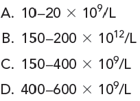 What is a reasonable reference interval for platelets in the peripheral blood? (Objective 1)