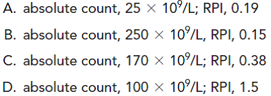 A patient has the following results: RBC count,   and hemoglobin 5.3 g/dL, hematocrit 0.17 L/L, reticulocyte count 1%. What are the absolute reticulocyte count and RPI? (Objective 1)  