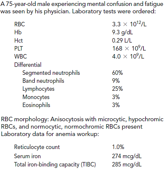   Which laboratory result(s) is (are) most useful in distinguishing this patient's anemia from IDA? (Objective 9) A) bone marrow B) mean cell volume C) hemoglobin D) iron studies
