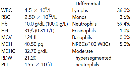Kathy, a 36-year-old female, experienced a recent 35-lb weight loss. Her tongue was red and fissured. She also complained of chronic fatigue and shortness of breath upon exertion. Physical examination suggested signs of jaundice and increased numbness and a tingling sensation of fingers and toes. She was hospitalized with the general diagnosis of moderate anemia, jaundice, and neurological symptoms. Her admitting CBC demonstrated the following laboratory results:    The following abnormal erythrocyte morphology was reported:    Consider the reflex tests that might be important in identifying the etiology of this anemia. Based on the initial CBC results, further testing was ordered with the following results:    Examination of a bone marrow aspirate revealed an erythroblastic hyperplasia with megaloblastic erythroblasts.  What further testing can be done to obtain a definitive diagnosis?