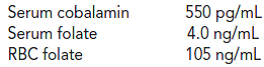 A 48-year-old Caucasian female experiencing fatigue, loss of appetite, and weight loss over a period of three months was seen by her physician. A medical history revealed she had a history of alcohol abuse. An initial laboratory workup demonstrated that she was anemic, had a leukocyte count of and had an MCV of 119 fL. Macro-ovalocytes and neutrophil hypersegmentation were noted on her blood smear evaluation. Based on the initial laboratory test results, her physician obtained a serum cobalamin and folate workup. Results were as follows: Based on her clinical history and laboratory results, the best possible diagnosis is which of the following? (Objective 12) A) pernicious anemia B) folate deficiency C) primary cobalamin deficiency D) anemia of liver disease