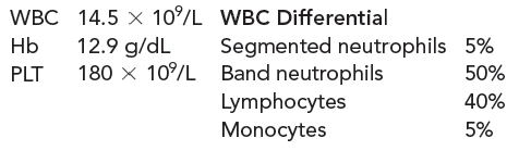 Dennis, a 24-year-old man, was taken to emergency surgery to repair several bone fractures sustained in an automobile accident. His previous medical history was unremarkable. He was in excellent health prior to the accident. Consider why Dennis' condition could result in abnormal hematologic test results and the possible complications that could occur during Dennis' treatment and recovery.  Laboratory results on Dennis, the trauma patient, two days after surgery are as follows:    All cultures were negative for bacteria and fungi. On further examination of the blood smear, it was noted that no abnormal cytoplasmic features were observed in the neutrophils. However, the nuclei of most of the bands appeared more condensed than normal, and many had two lobes in a dumbbell shape.  Why is the white cell count elevated?